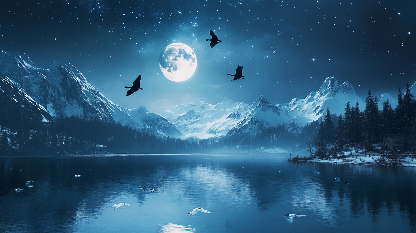 Geese fly over winter mountains at night. Stars sky.