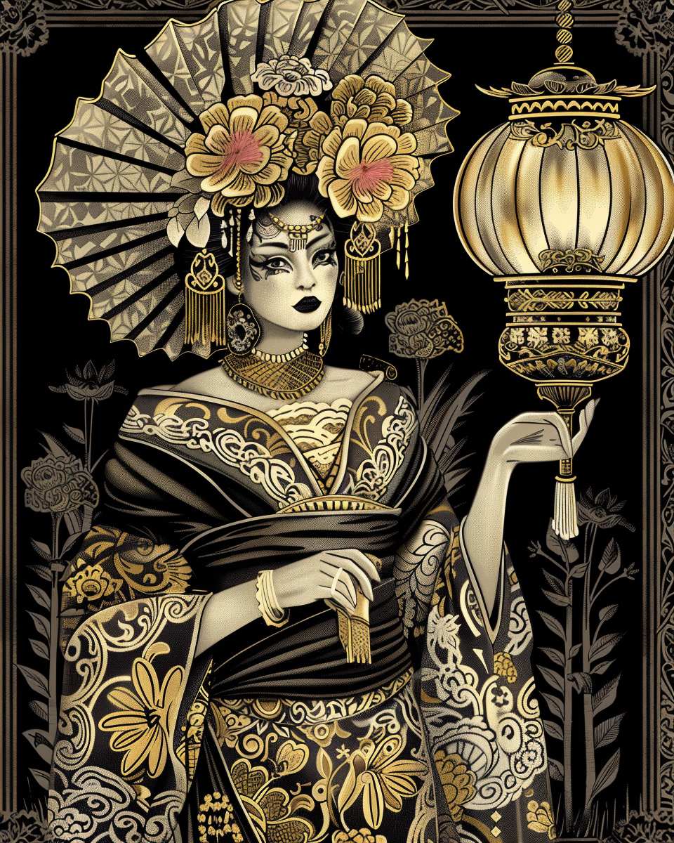 Geisha catrina in ornate outfit with Japanese lamp