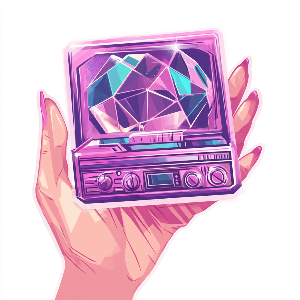 Gem-shaped badge with boombox design, disco background, fantasy style.