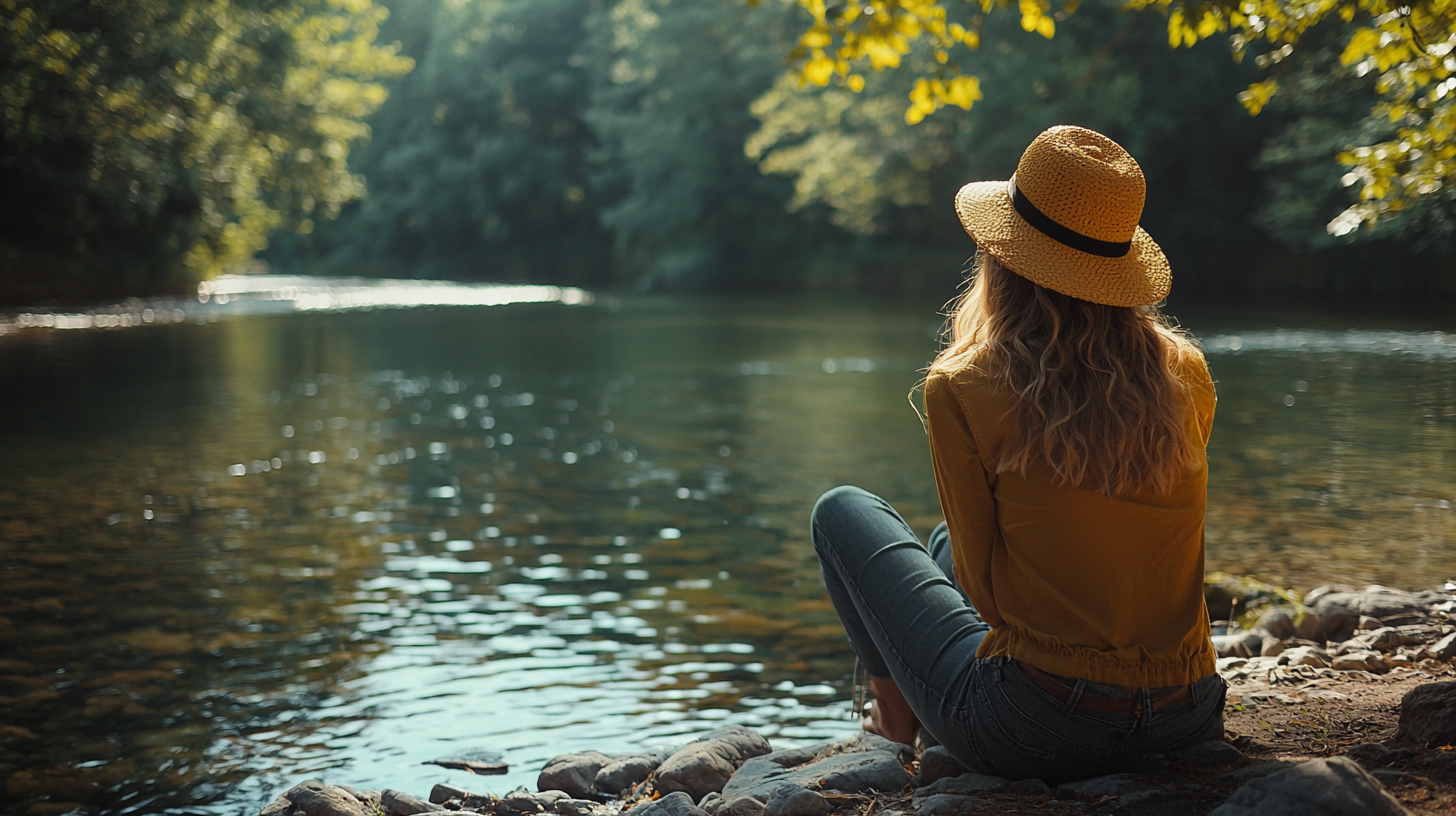 Gen Z enjoying weekend by river in high resolution.