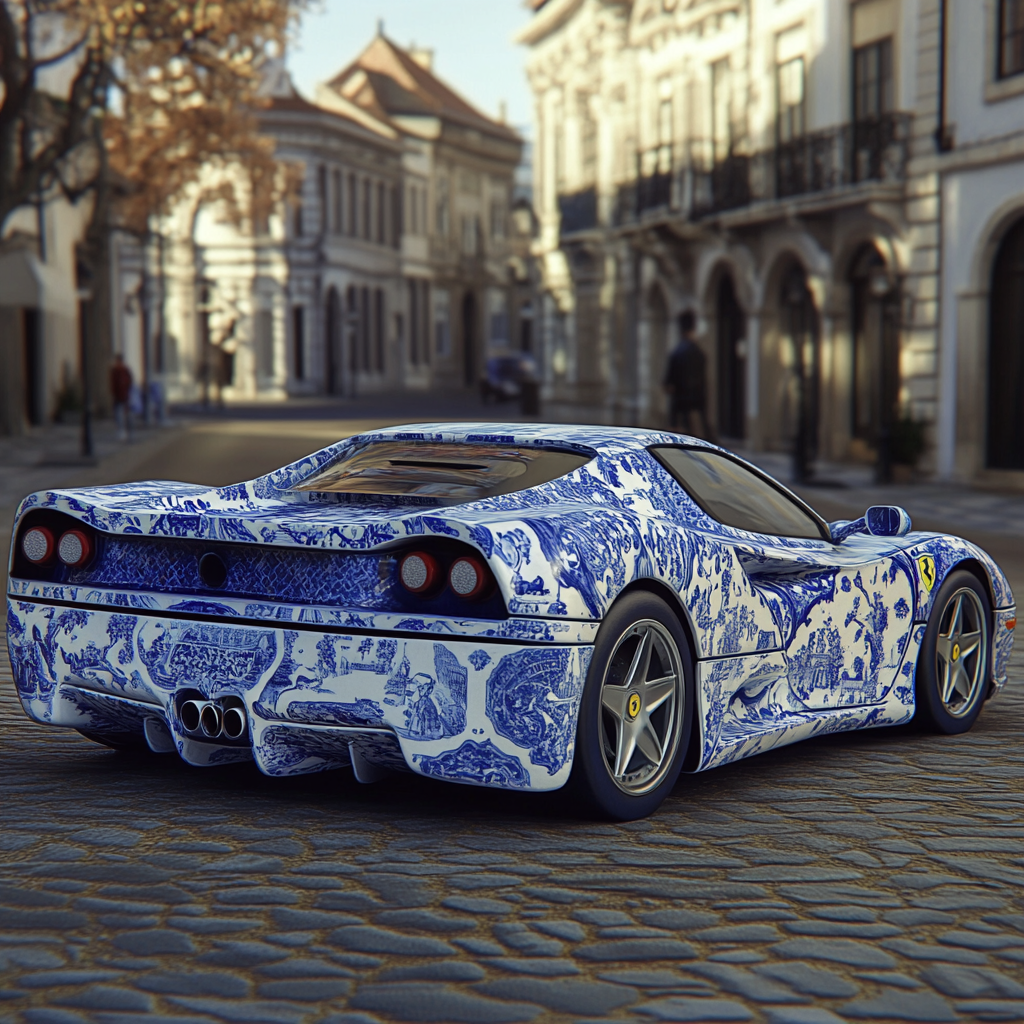 Generate photorealistic image: Ferrari F50 in traditional Portuguese azulejo tiles.