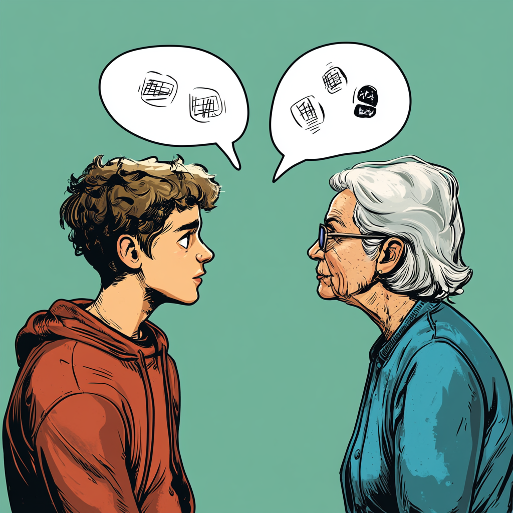 Generational Communication: Young Man, Elder Woman, Word Balloons