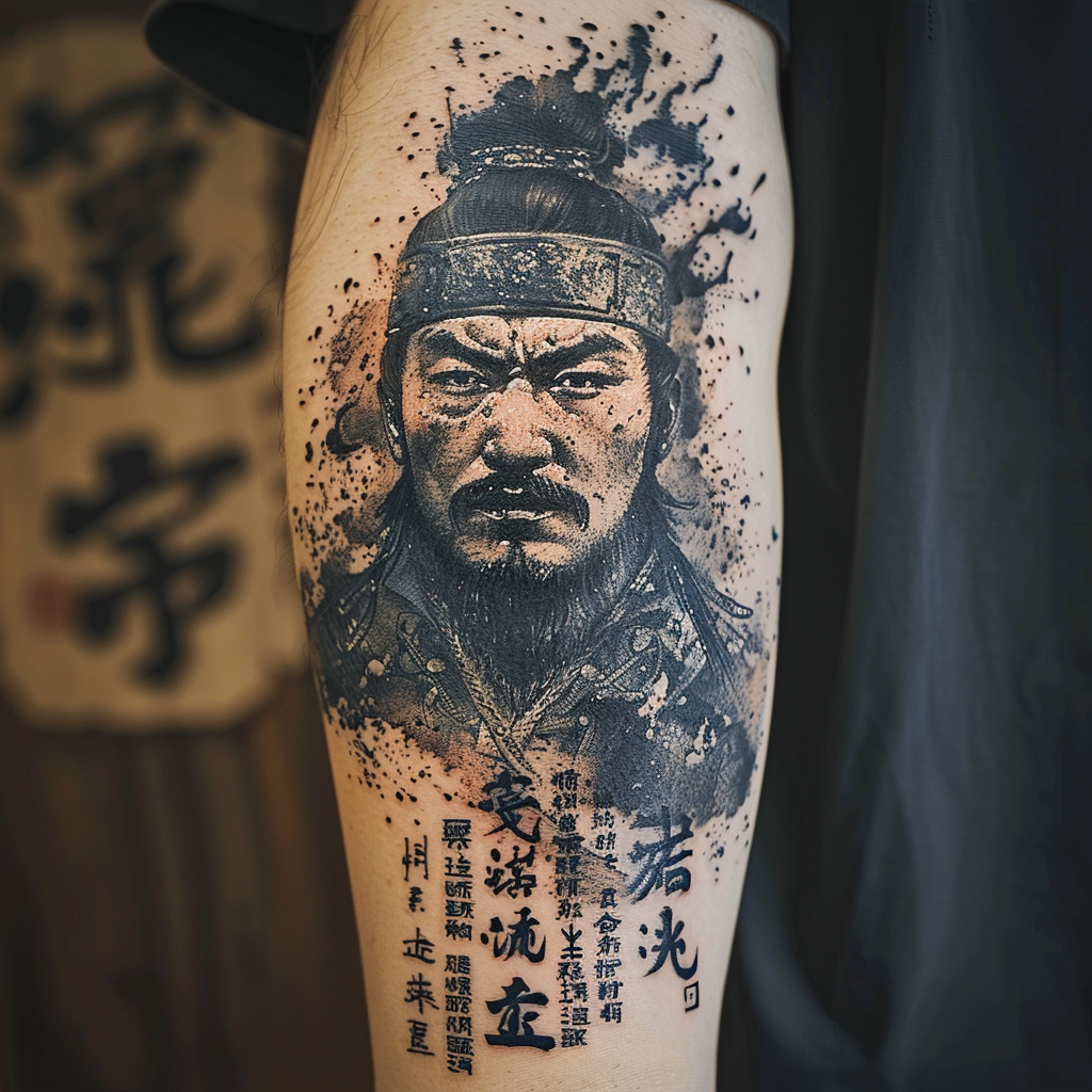 Genghis Khan tattoo with quote punishment of God concept.