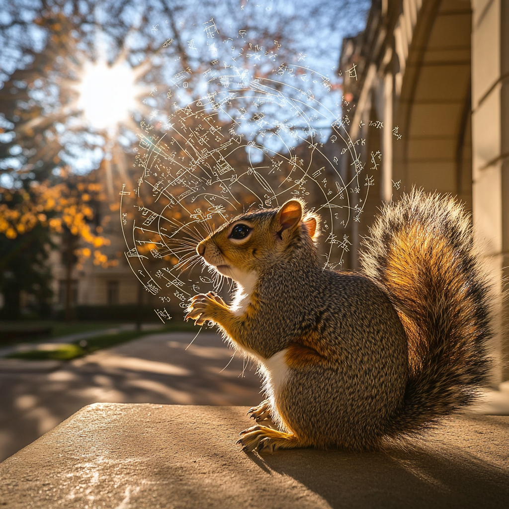 Genius Squirrel with Math Equations in Pixar inspired world