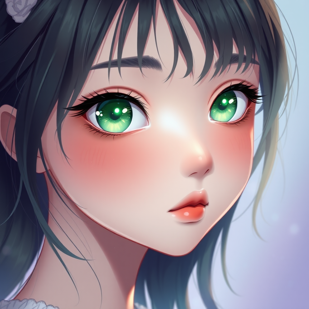 Gentle, dreamy anime girl with luminous green eyes