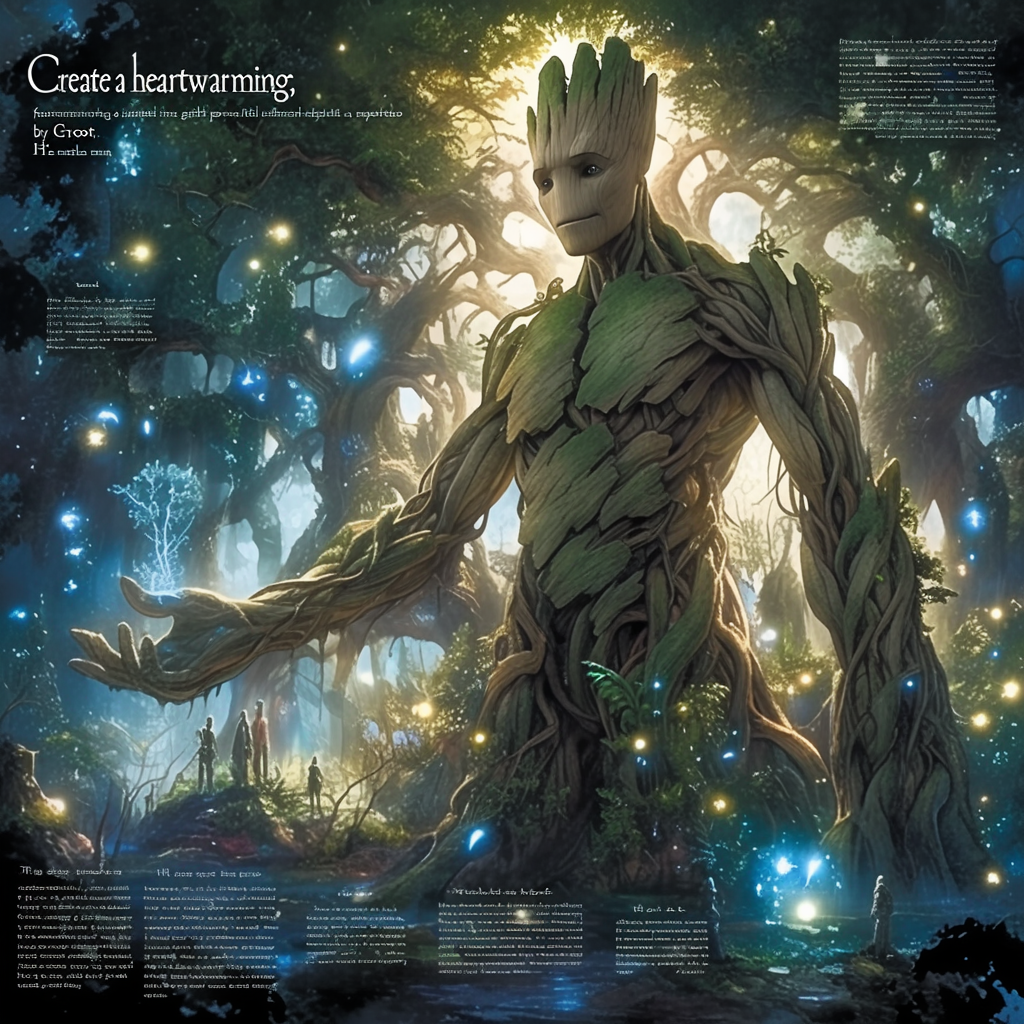 Gentle superhero Groot in enchanted forest, nurturing nature.