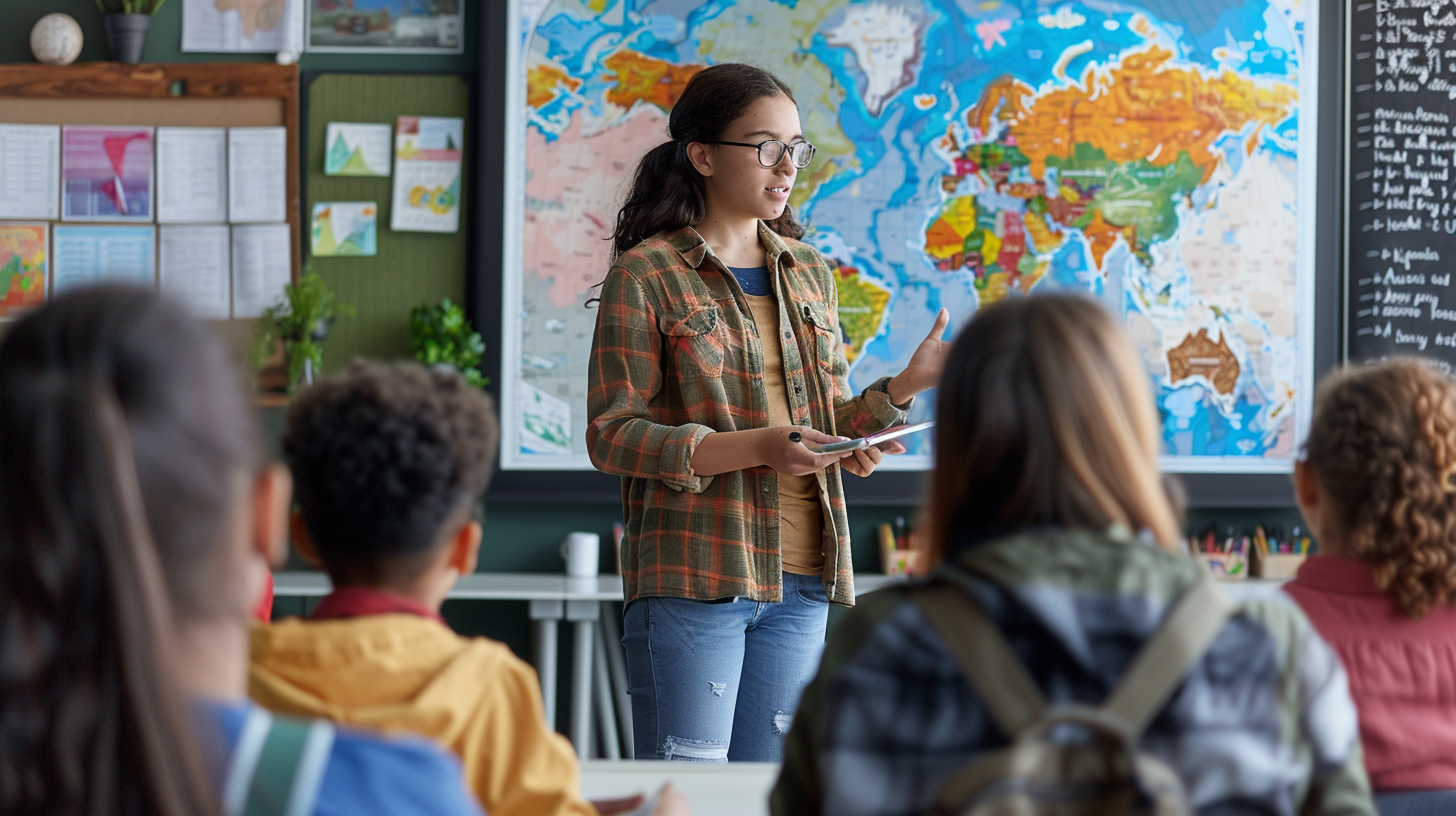 Geography teacher teaching students with map on screen.