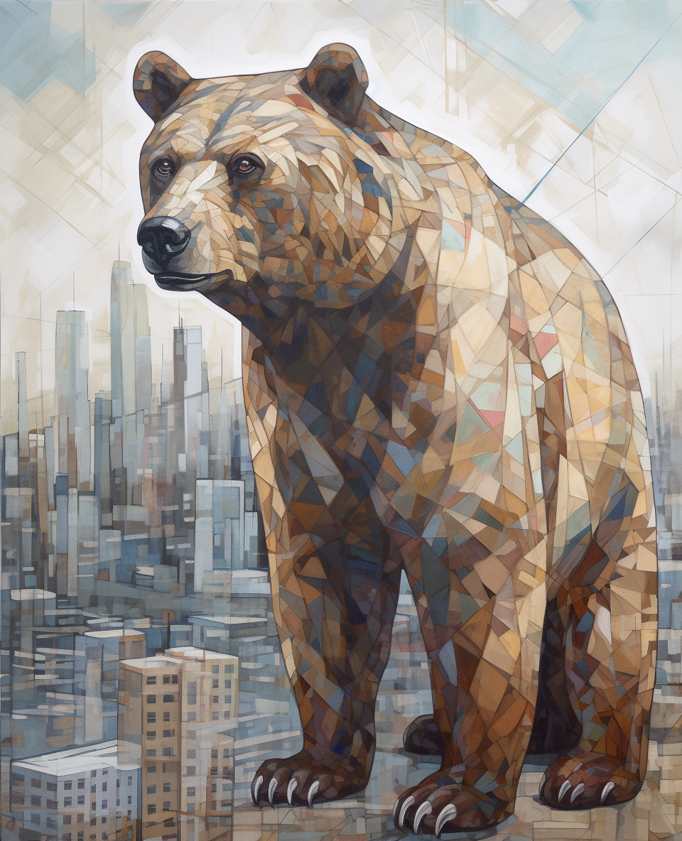 Geometric cubism bear in oil painting style.