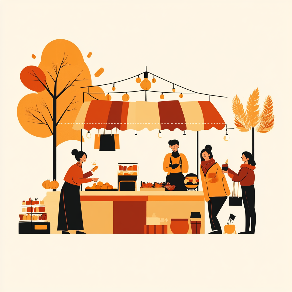 Geometric design with autumn colors, diverse vendors at night.