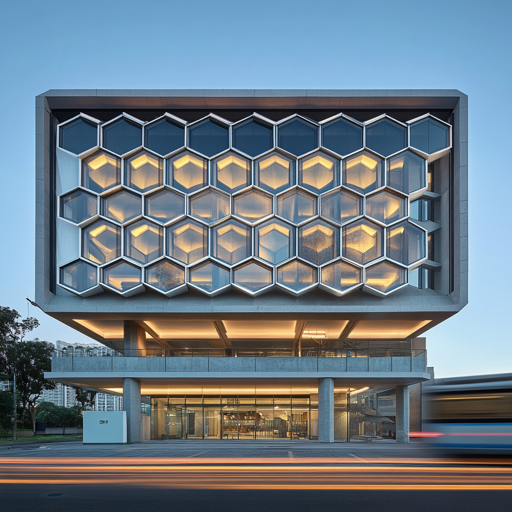 Geometric honeycomb building with reflective stone panels and train.