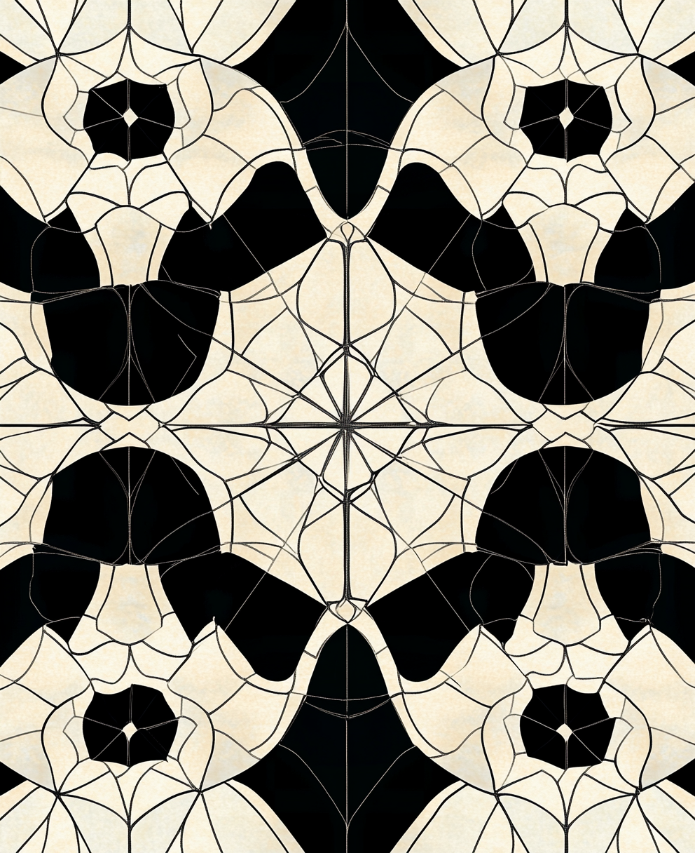 Geometric shapes and lines create intricate black pattern.