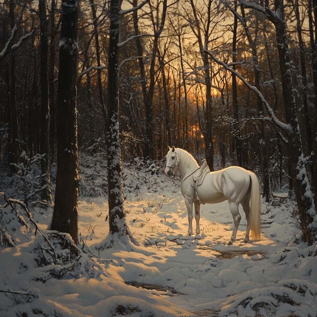 George Washington's white horse in snowy forest at Valley Forge.