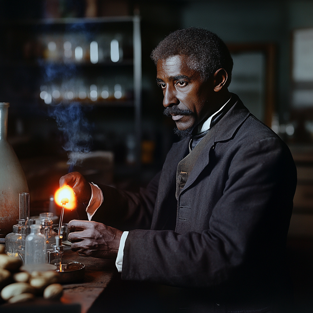 George Washington Carver in old lab with experiments.