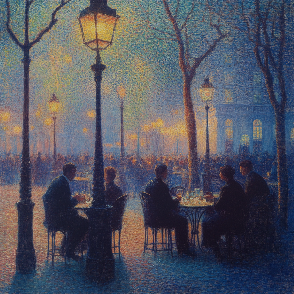 Georges Seurat painting of Paris at night scene.