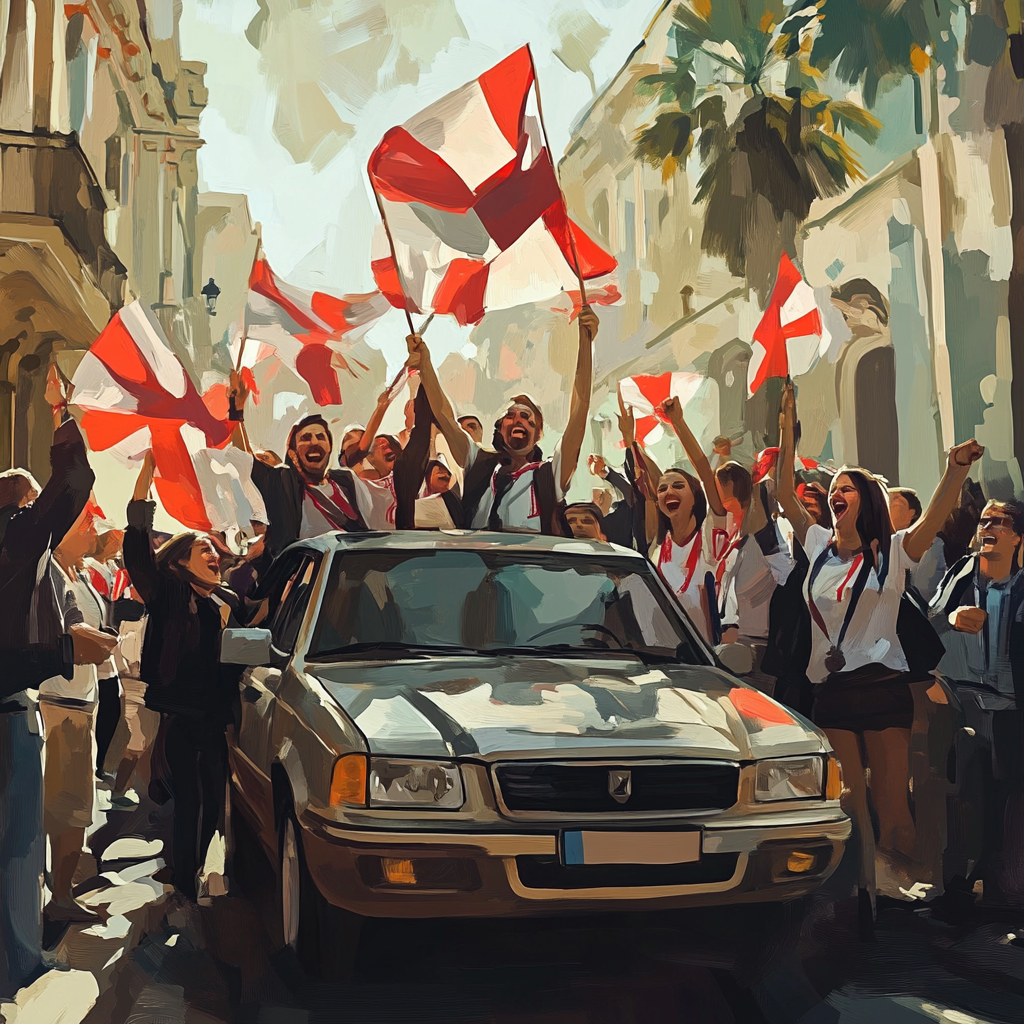 Georgian fans with flags after football team victory. Celebrating.