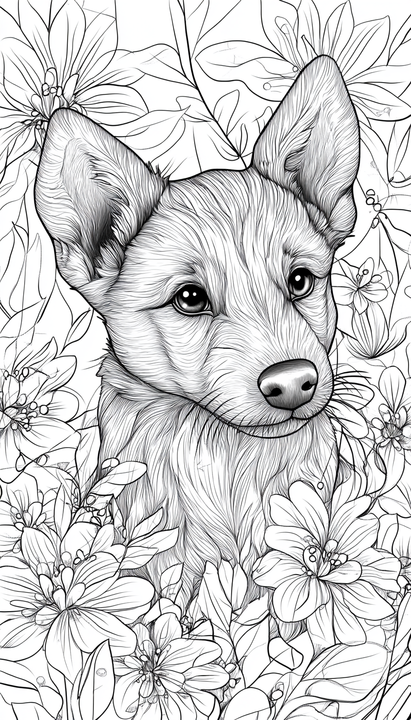 German Shepherd Puppy Coloring Page in Flowers