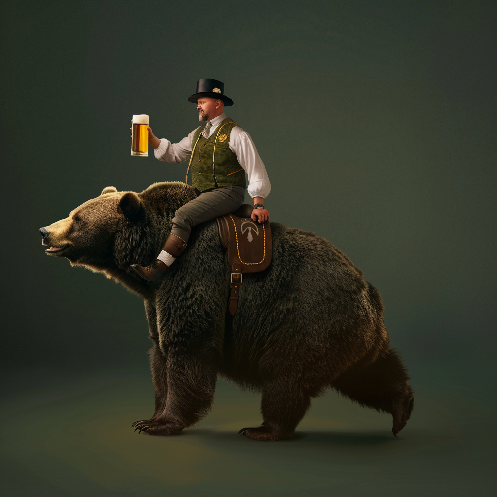 German man on bear with beer, green background.