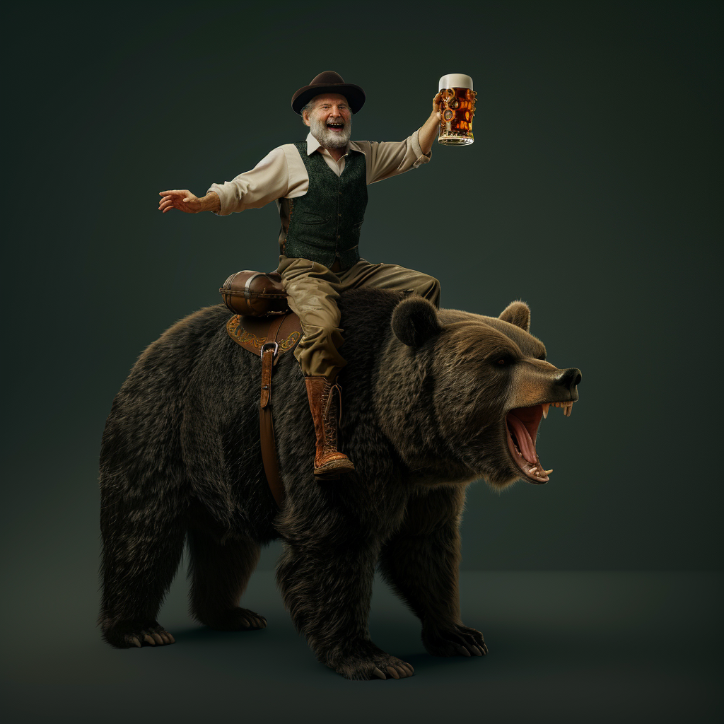 German man riding large bear holding beer mug Oktoberfest.