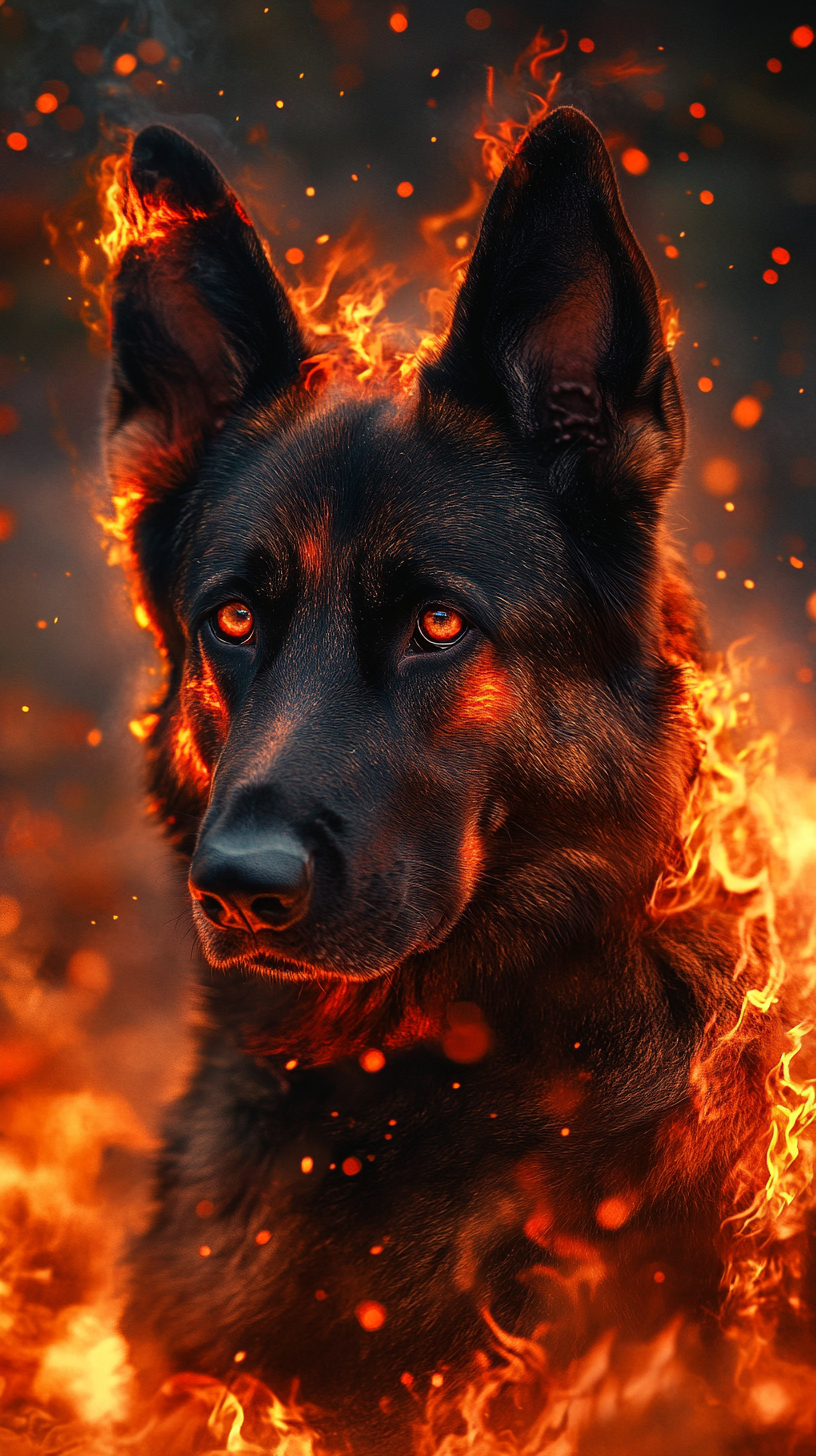 German shepherd dog with fire powers, black fur with red and orange flames, eyes glowing with fiery light, flames dancing around paws and tail, fire scene in background.