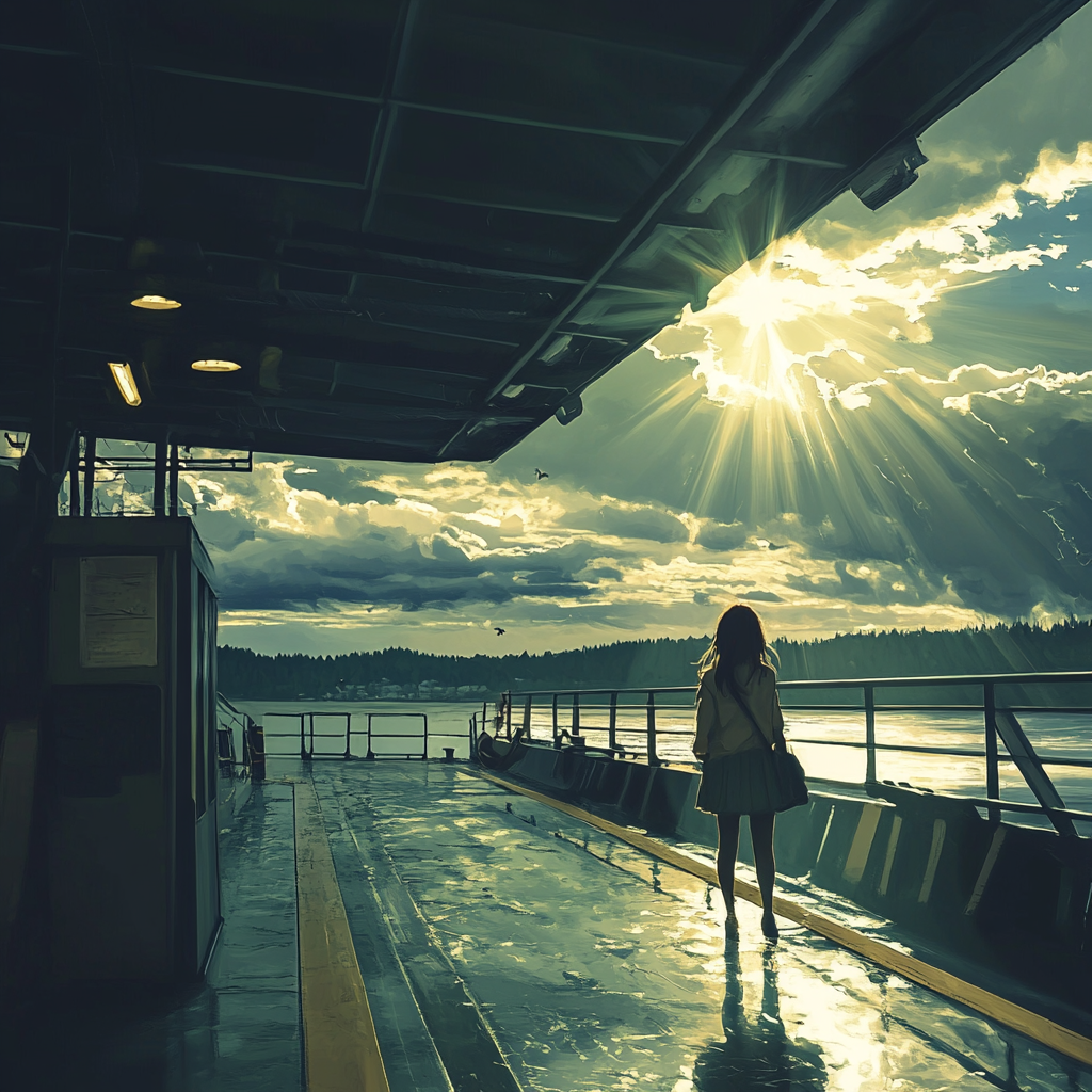 Ghibli-like magical realism: girl on ferry, Washington State.