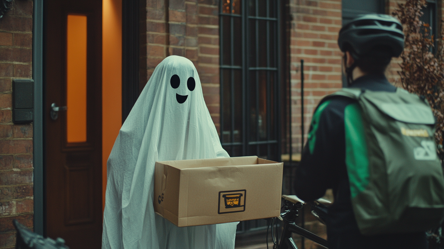 Ghost Receives Uber Eats Delivery on Halloween