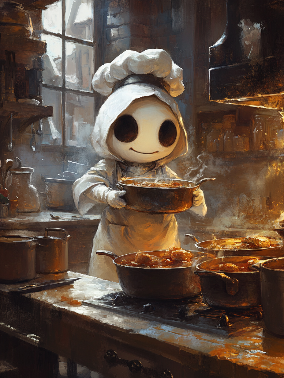 Ghost cooking in kitchen with food pots, fantasy art.