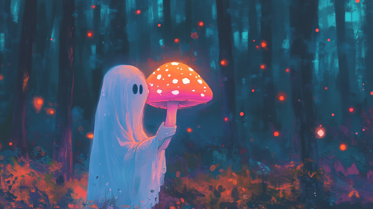 Ghost girl holding cute pink orange mushroom in forest.