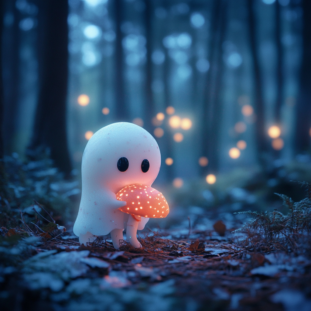 Ghost holding colorful mushroom in enchanted forest setting.