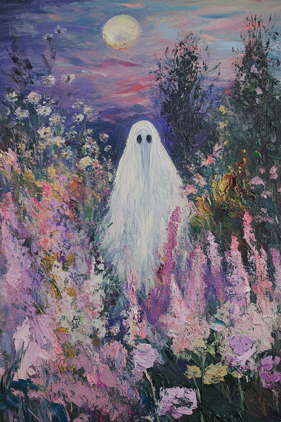 Ghost in pink & purple flower meadow at dusk.