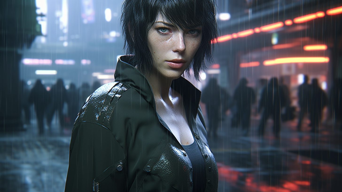 Ghost in the Shell character in detailed cyberpunk setting.