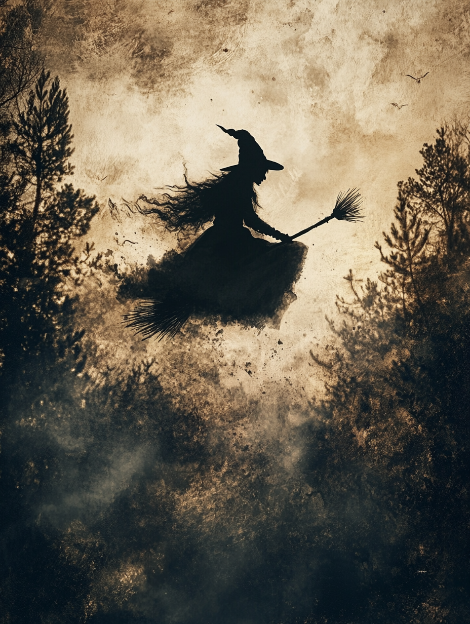 Ghost in witch hat flying on broom in woods.