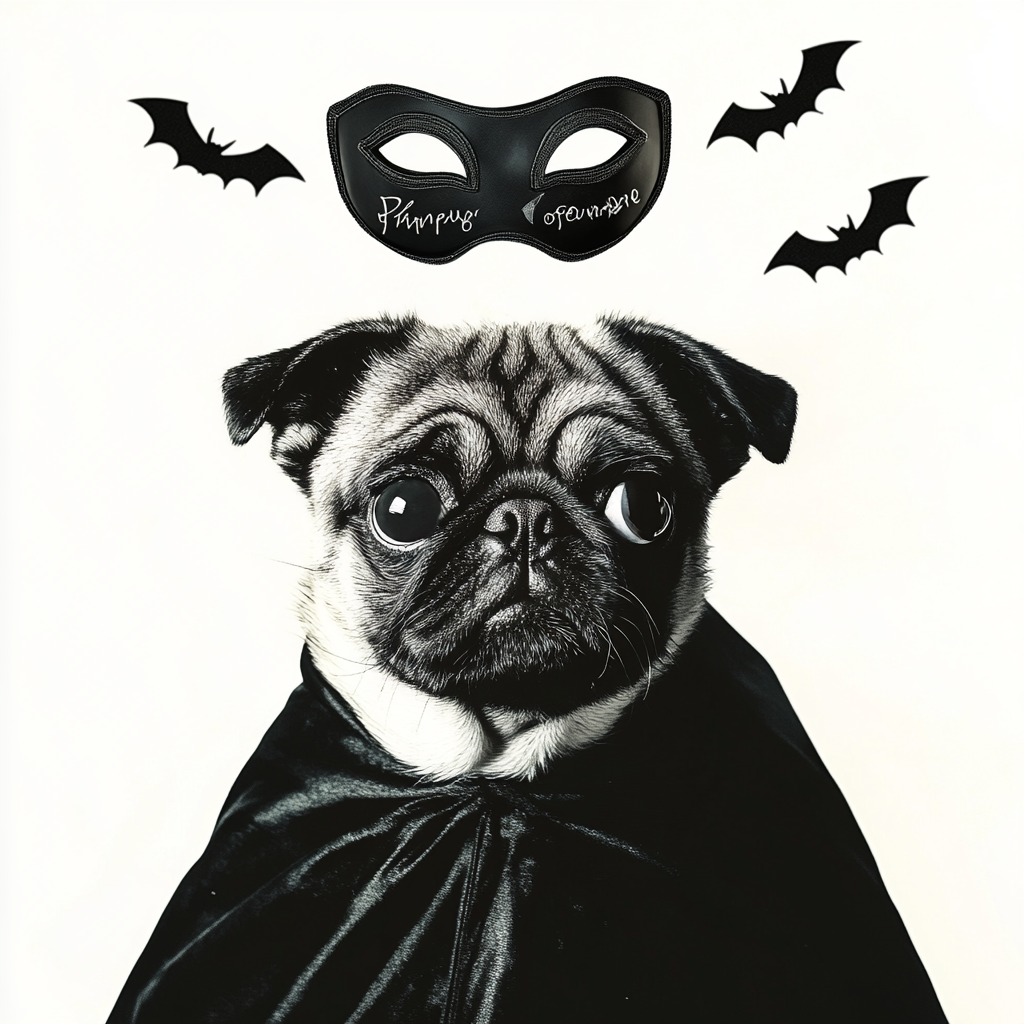 Ghost pug in half opera mask with cape, ready to howl.