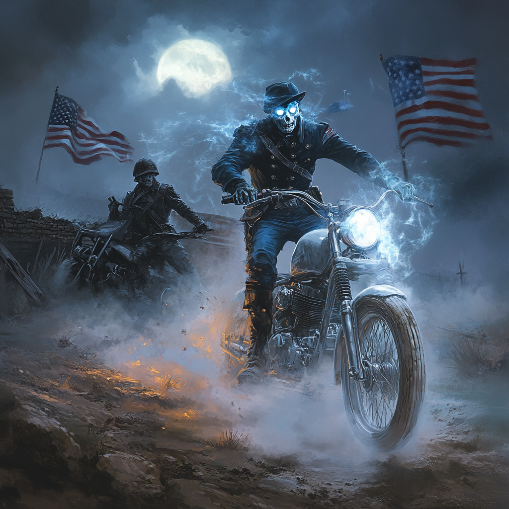 Ghost soldier and patriot collide in misty twilight battle.