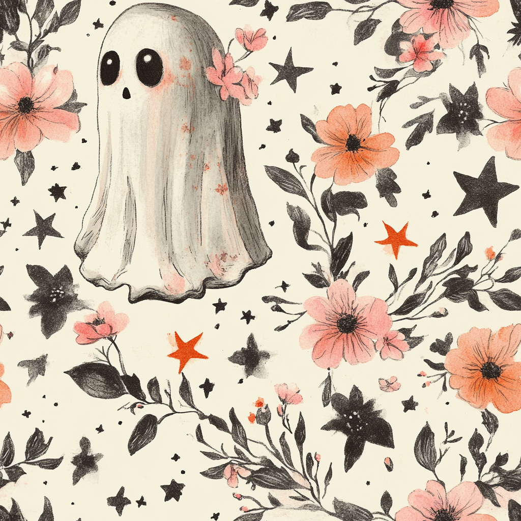 Ghost with flowers, stars, pink, orange, black, creme.