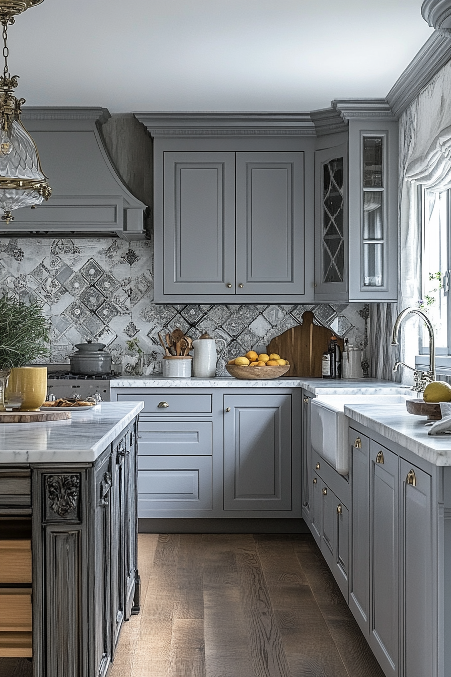 Ghostly, charming kitchen with muted gray cabinets and marble.