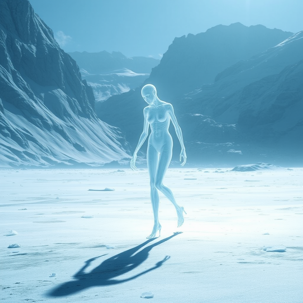 Ghostly Figure Walking in Icy Glacier Landscape