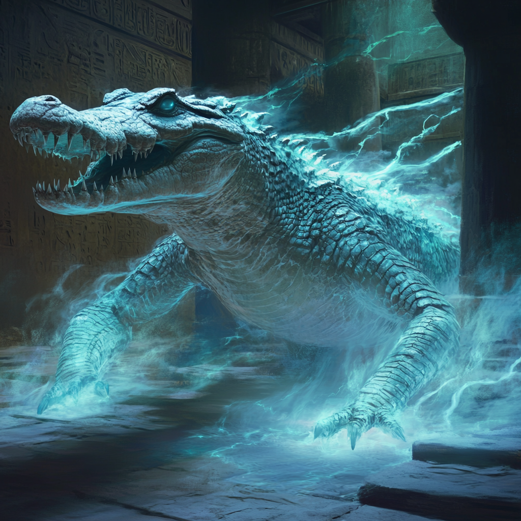 Ghostly crocodile with glowing eyes, translucent scales, ethereal movements.