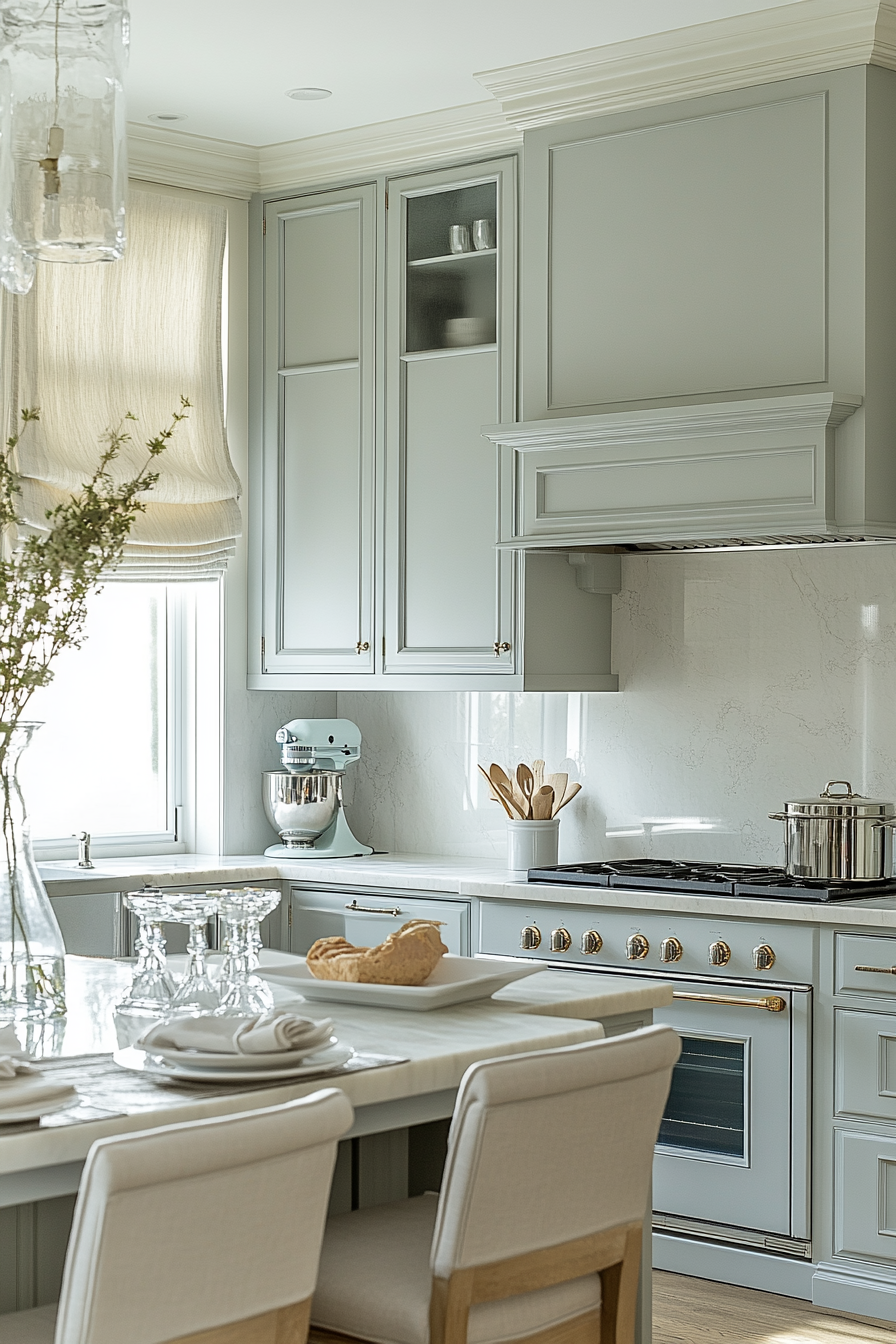 Ghostly elegant kitchen with pale tones and lighting. Spectral.