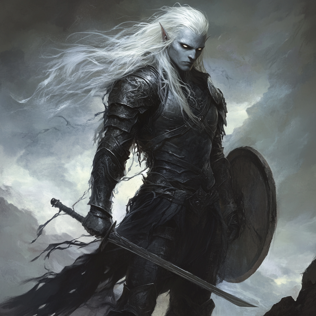 Ghostly elf warrior in shadowy armor stands resolute.