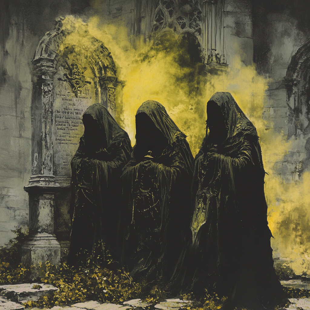 Ghostly figures behind grave in dungeon-synth style image.