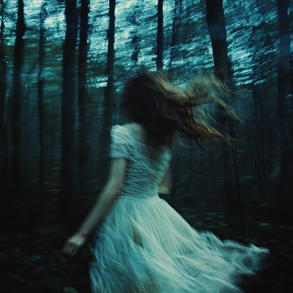 Ghostly girl in white boho fashion in dark forest.