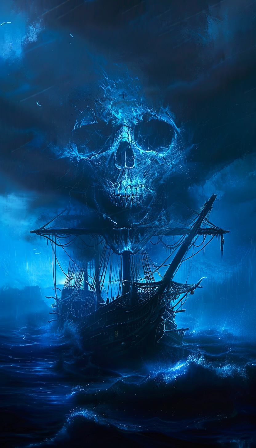 Ghostly skull-shaped ship sailing on dark ocean, eerie mystery.