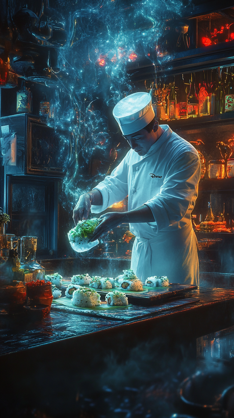 Ghostly sushi chef making spooky floating rolls.