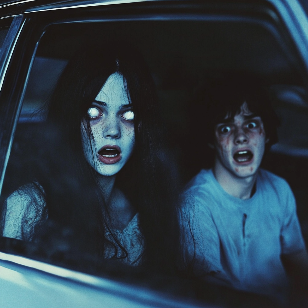 Ghostly woman with white eyes in car scares man.