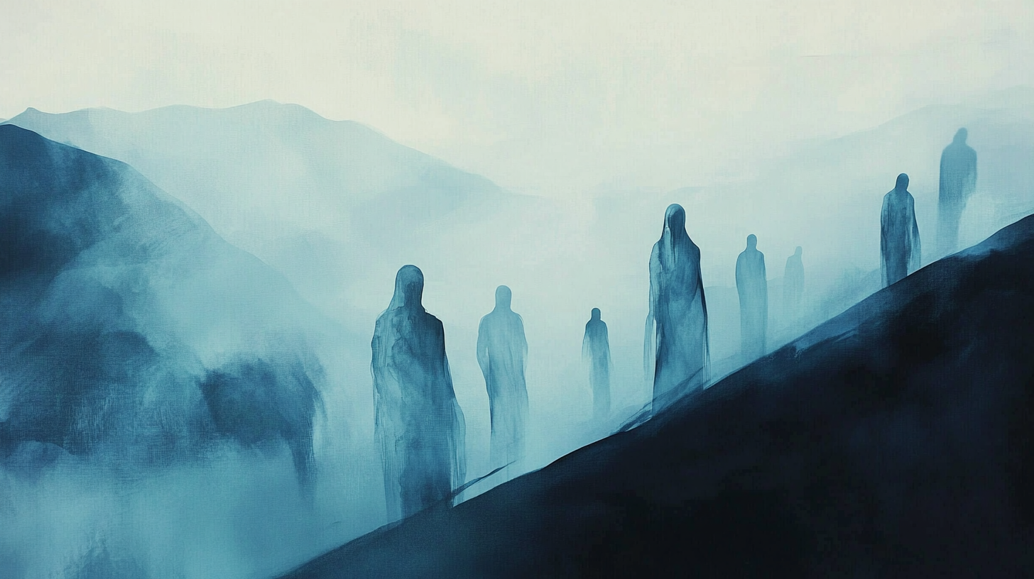 Ghosts in misty landscape on Samhain hills