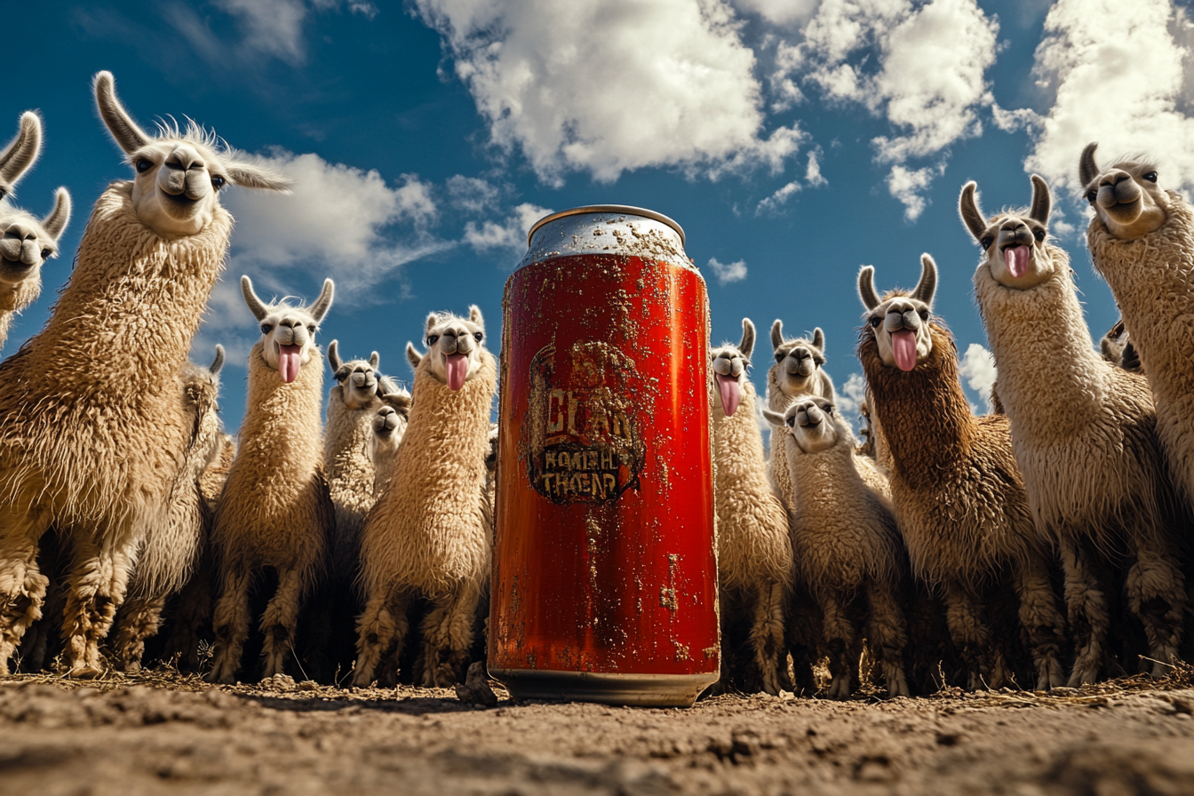 Giant Beer Can with Funny Llamas Around.