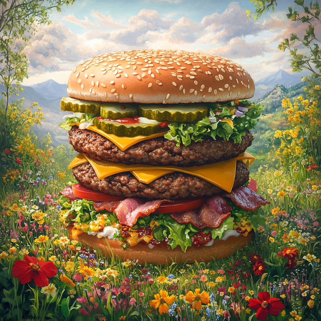 Giant Big Mac in flowery glade with mountains.