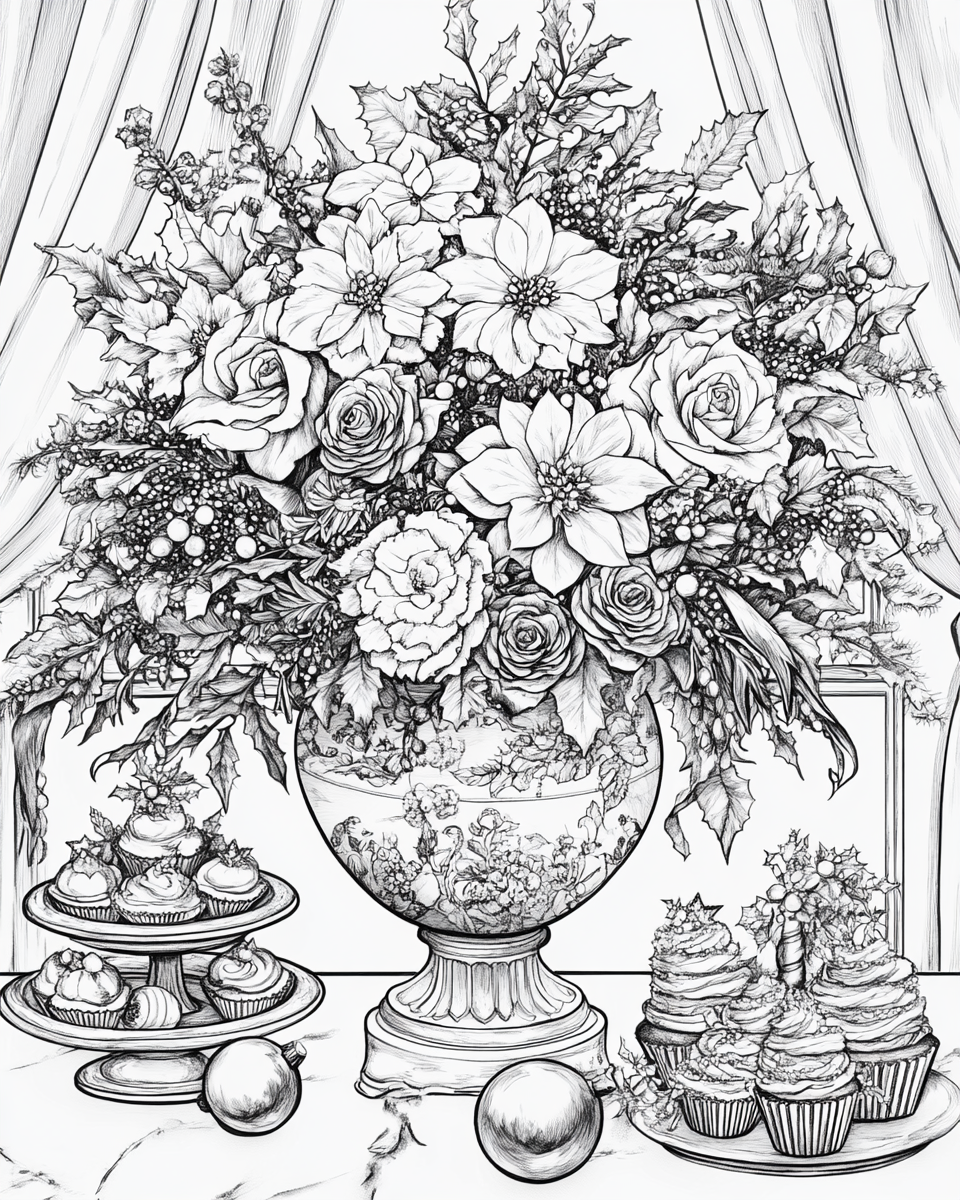 Giant Christmas Flower Coloring Page with Desserts