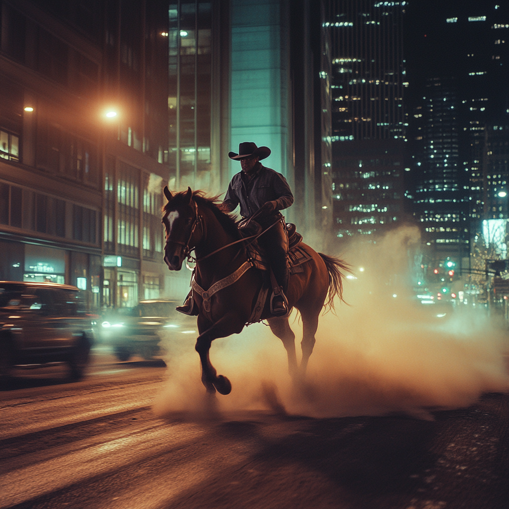 Giant Cowboy Horse Ride in Urban Night Street