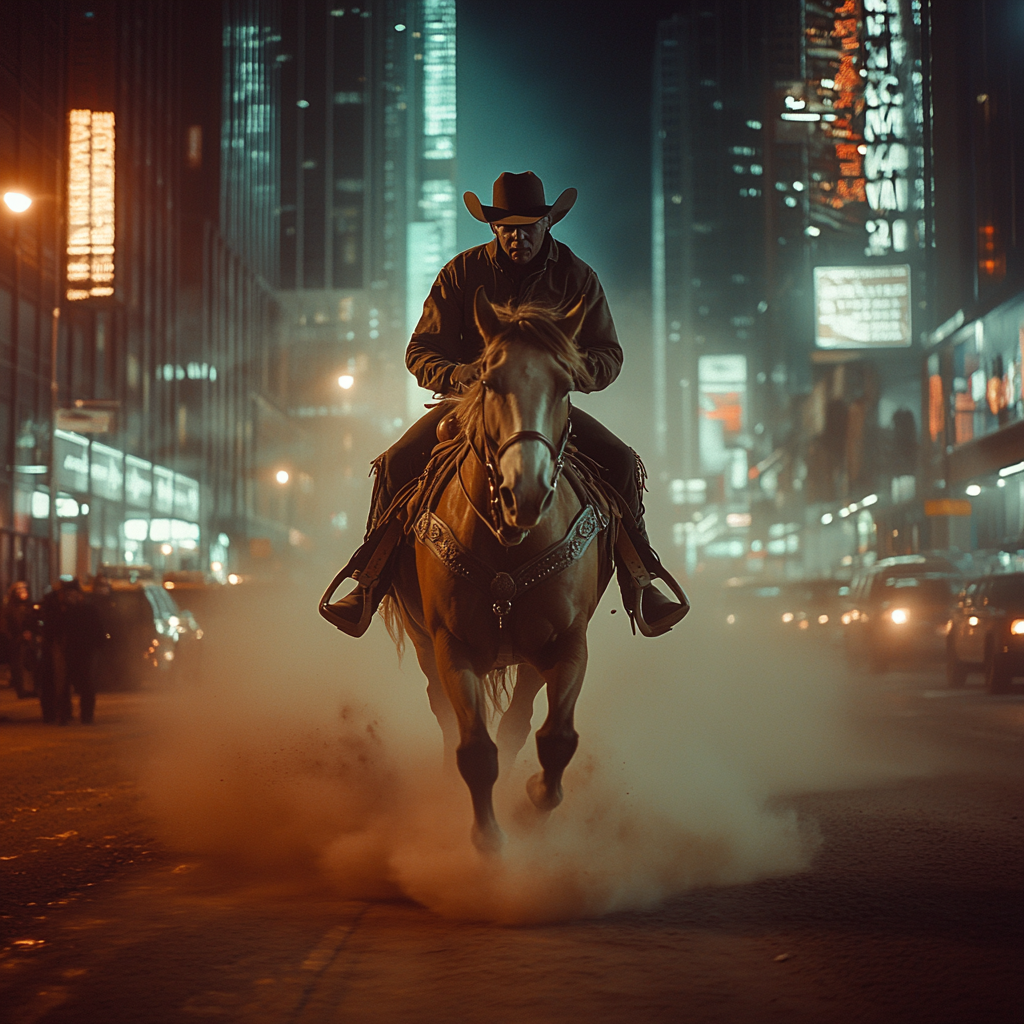 Giant Cowboy on Horse in Urban City Street Fantasy